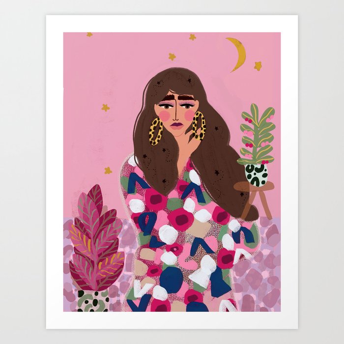 Dark Haired Girl Abstract Girl Art Print Bold Colors Boho Bohemian Style Pattern Art Print By Ninasencar