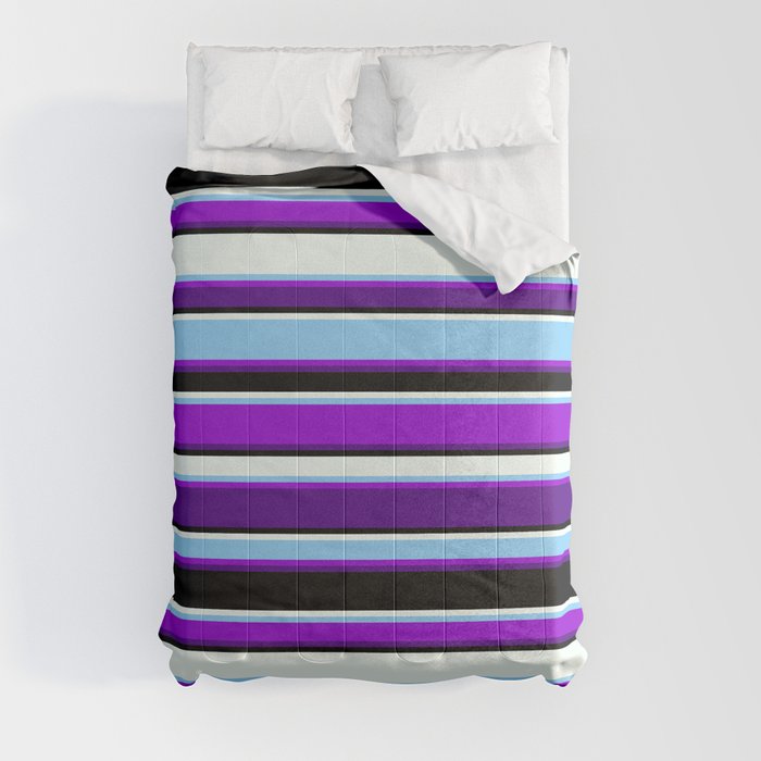 Vibrant Light Sky Blue, Dark Violet, Indigo, Black, and Mint Cream Colored Striped Pattern Comforter