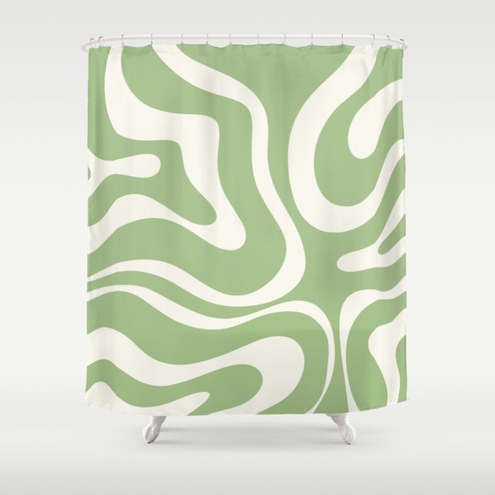 Modern Liquid Swirl Abstract Pattern in Light Sage Green and Cream Shower Curtain