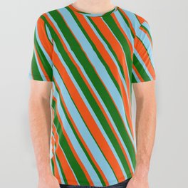 [ Thumbnail: Dark Green, Sky Blue, and Red Colored Striped Pattern All Over Graphic Tee ]