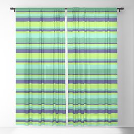 [ Thumbnail: Aquamarine, Sea Green, Midnight Blue & Light Green Colored Stripes Pattern Sheer Curtain ]