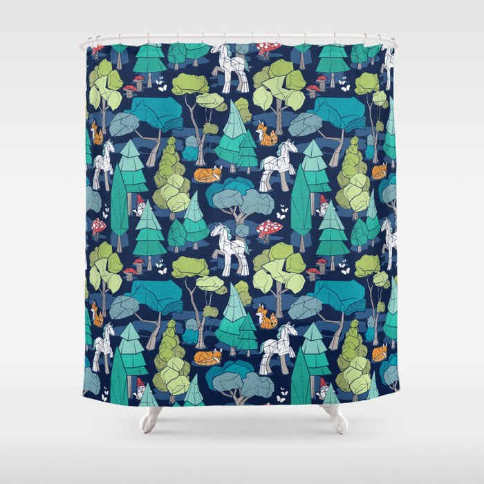 Geometric whimsical wonderland // navy blue background green forest with unicorns foxes gnomes and mushrooms Shower Curtain