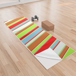 [ Thumbnail: Colorful Chocolate, Sky Blue, Light Green, Mint Cream, and Red Colored Lined/Striped Pattern Yoga Towel ]