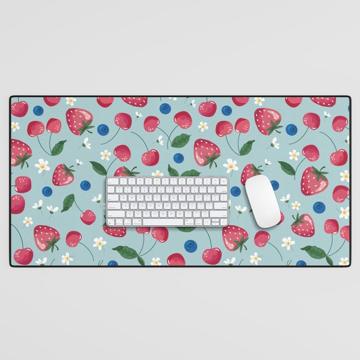 Fruits seamless pattern. Strawberry, cherry, and blossom. Romantic vintage background. Vintage illustration Desk Mat