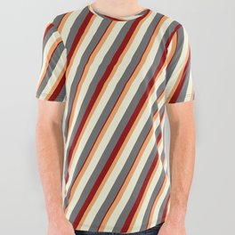 [ Thumbnail: Brown, Beige, Dim Gray, and Dark Red Colored Lined Pattern All Over Graphic Tee ]