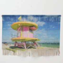 Miami Beach - South Beach lifeguard house art deco pink beach pavilion portrait painting modern art Wall Hanging