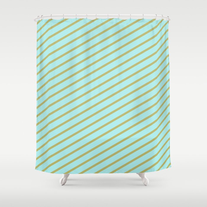 Turquoise and Dark Khaki Colored Striped Pattern Shower Curtain