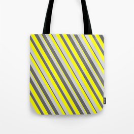 [ Thumbnail: Dim Grey, Yellow & Light Gray Colored Stripes/Lines Pattern Tote Bag ]