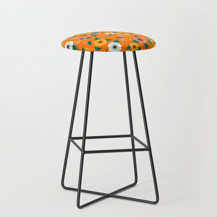 Colorful Spring Flowers Pattern in Orange Background Bar Stool