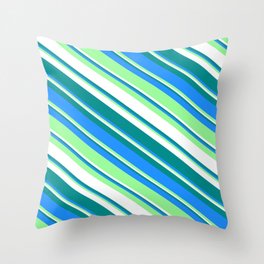 [ Thumbnail: Dark Cyan, Blue, Green & White Colored Striped Pattern Throw Pillow ]