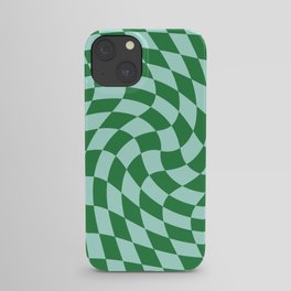 Blue and green warped check retro pattern iPhone Case