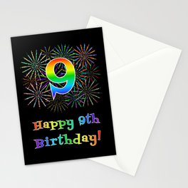 [ Thumbnail: 9th Birthday - Fun Rainbow Spectrum Gradient Pattern Text, Bursting Fireworks Inspired Background Stationery Cards ]