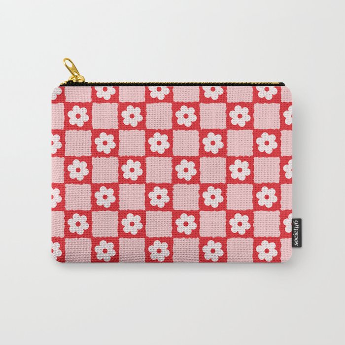 Retro Daisy Flower Checker in Red Carry-All Pouch