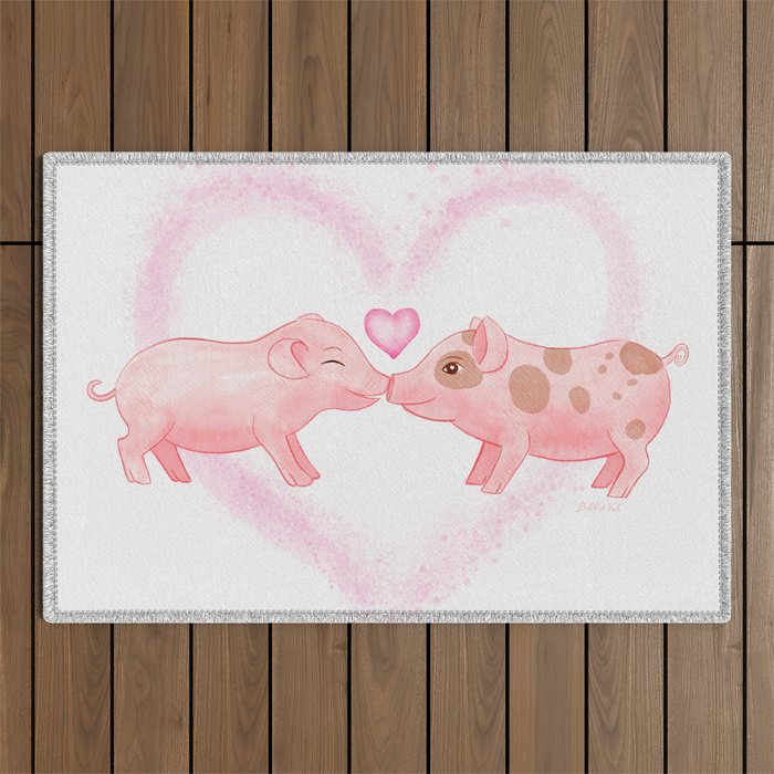 Cute and Sweet Little Piglets in Love, Watercolor Hand-painted Print, I Love You Gift With Animals Outdoor Rug
