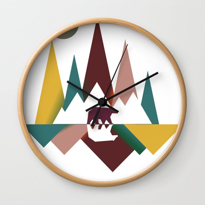 Colorful Vintage Bear In Whimsical Wild and mountains with moon Wall Clock