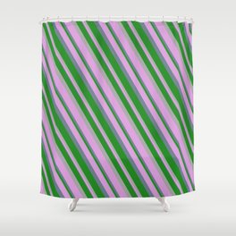 [ Thumbnail: Forest Green, Dark Gray, Plum, and Slate Gray Colored Stripes/Lines Pattern Shower Curtain ]