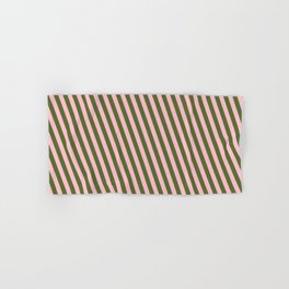 [ Thumbnail: Dark Olive Green and Pink Colored Lined/Striped Pattern Hand & Bath Towel ]