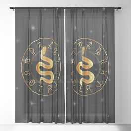 Zodiac symbols astrology signs with mystic serpentine in gold Sheer Curtain