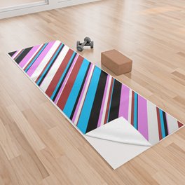 [ Thumbnail: Deep Sky Blue, Brown, White, Violet, and Black Colored Striped/Lined Pattern Yoga Towel ]