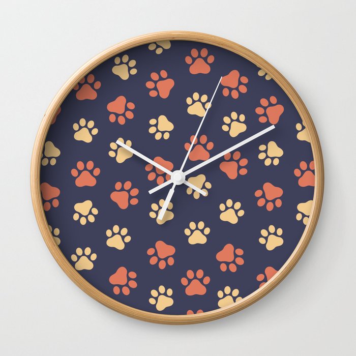 Cute Dog & Cat Paws On Blue Background Print Pattern Wall Clock