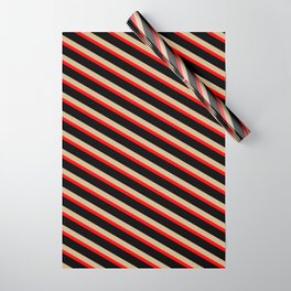[ Thumbnail: Tan, Red & Black Colored Lined/Striped Pattern Wrapping Paper ]