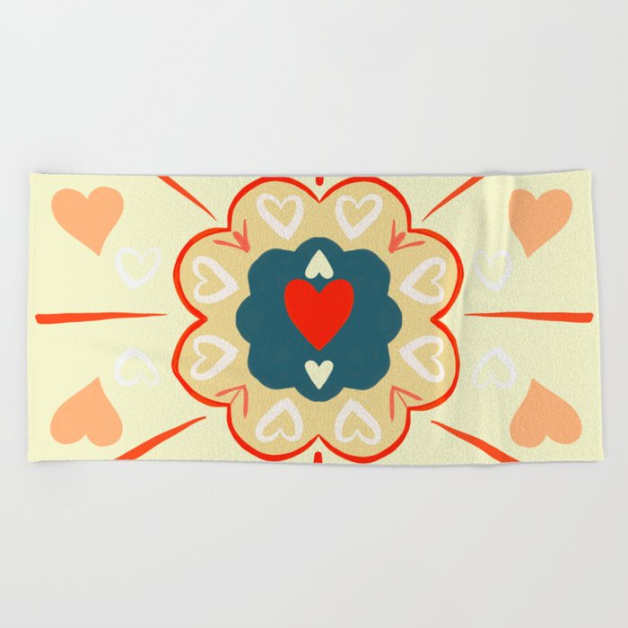 Valentines Day Heart Mandala in Happy Lemon Beach Towel
