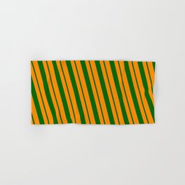 [ Thumbnail: Dark Orange & Dark Green Colored Striped/Lined Pattern Hand & Bath Towel ]