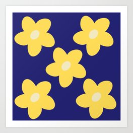 Large Retro Abstract Yellow Flowers on Cobalt Blue Background Art Print