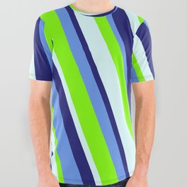 [ Thumbnail: Cornflower Blue, Chartreuse, Light Cyan, and Midnight Blue Colored Lined Pattern All Over Graphic Tee ]