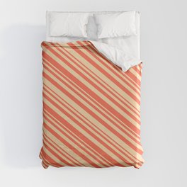 [ Thumbnail: Tan and Red Colored Striped/Lined Pattern Duvet Cover ]