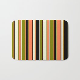 [ Thumbnail: Beige, Green, Coral & Black Colored Stripes Pattern Bath Mat ]