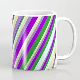 [ Thumbnail: Vibrant Tan, Purple, Dark Violet, Forest Green & Light Cyan Colored Stripes Pattern Coffee Mug ]