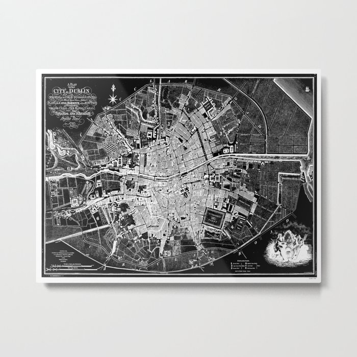 Dublin Map 1797 Vintage Reverse Black and White Metal Print