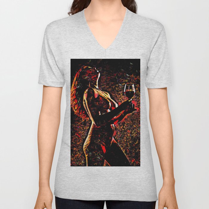 2375s-AB Nude Woman in Red with Wine Glass Abstract Feminine Power Flow V Neck T Shirt