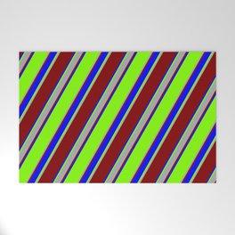 [ Thumbnail: Chartreuse, Dark Gray, Maroon & Blue Colored Lines/Stripes Pattern Welcome Mat ]