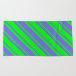 [ Thumbnail: Lime and Medium Slate Blue Colored Lined Pattern Beach Towel ]
