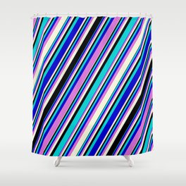[ Thumbnail: Eye-catching Dark Turquoise, Blue, Orchid, Beige, and Black Colored Stripes Pattern Shower Curtain ]