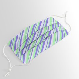 [ Thumbnail: Green, Medium Slate Blue, and Lavender Colored Lines Pattern Face Mask ]