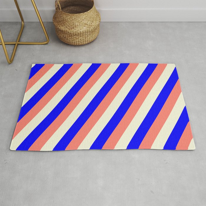 Blue, Salmon & Beige Colored Stripes/Lines Pattern Rug