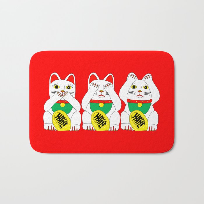 Three Wise Lucky Cats on Red Bath Mat