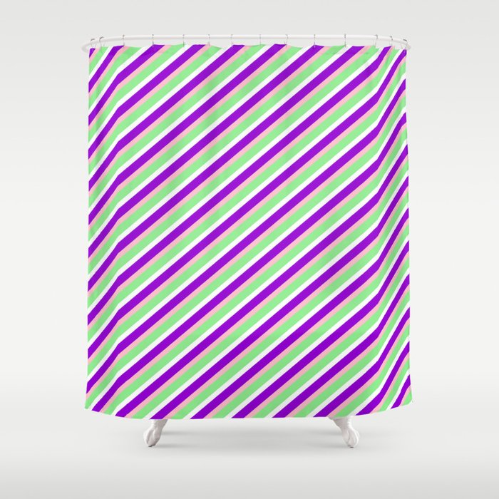 Pink, Light Green, White & Dark Violet Colored Stripes Pattern Shower Curtain