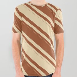 [ Thumbnail: Tan & Sienna Colored Striped Pattern All Over Graphic Tee ]