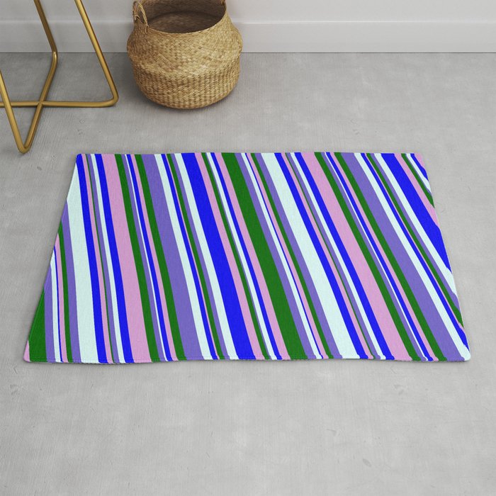 Colorful Plum, Blue, Light Cyan, Slate Blue & Dark Green Colored Striped/Lined Pattern Rug