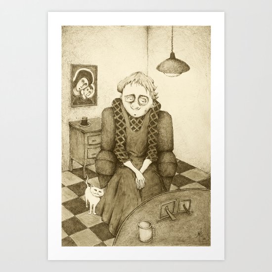 Old Woman and Cat (Retro Sepia Version) Art Print