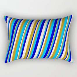 [ Thumbnail: Beige, Dark Goldenrod, Deep Sky Blue & Blue Colored Stripes Pattern Rectangular Pillow ]
