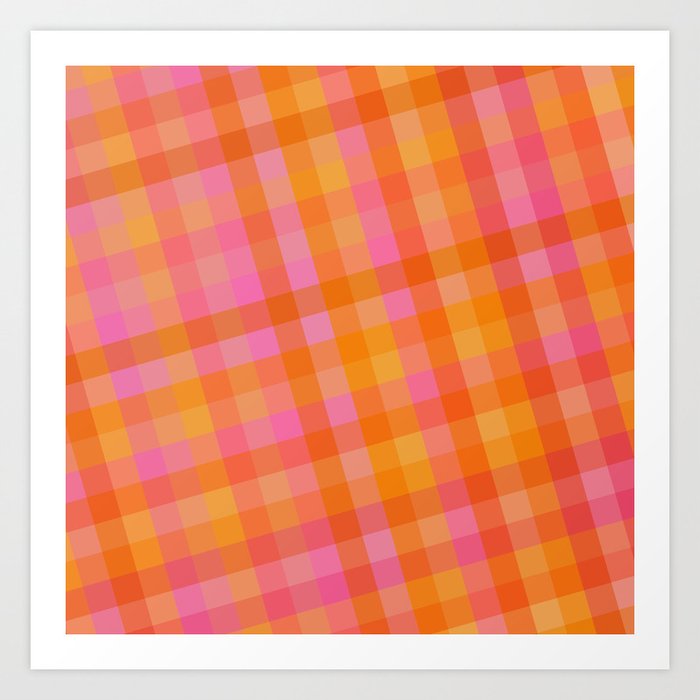 Vintage Pink and Orange Diagonal Plaid Pattern Art Print