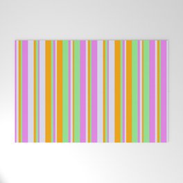 [ Thumbnail: Light Green, Orange, Lavender, and Violet Colored Striped/Lined Pattern Welcome Mat ]
