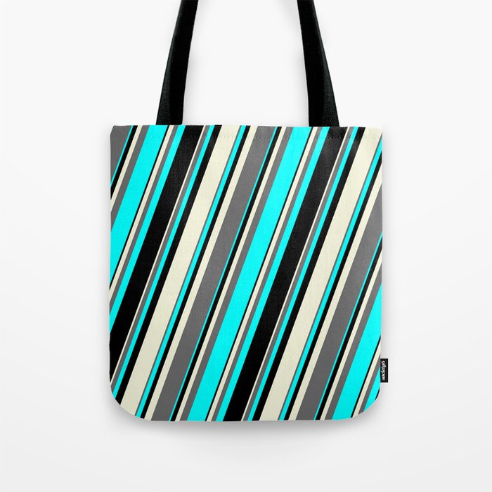 Beige, Dim Grey, Aqua & Black Colored Lines/Stripes Pattern Tote Bag