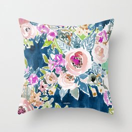 NAVY SO LUSCIOUS Colorful Watercolor Floral Throw Pillow