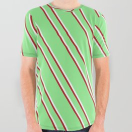 [ Thumbnail: Light Green, Mint Cream & Red Colored Striped Pattern All Over Graphic Tee ]